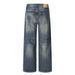 Color-Block Washed Denim Punk Distressed Loose Wide-Leg Straight Long Pants Men's High Street Fashion_mkmklike.com
