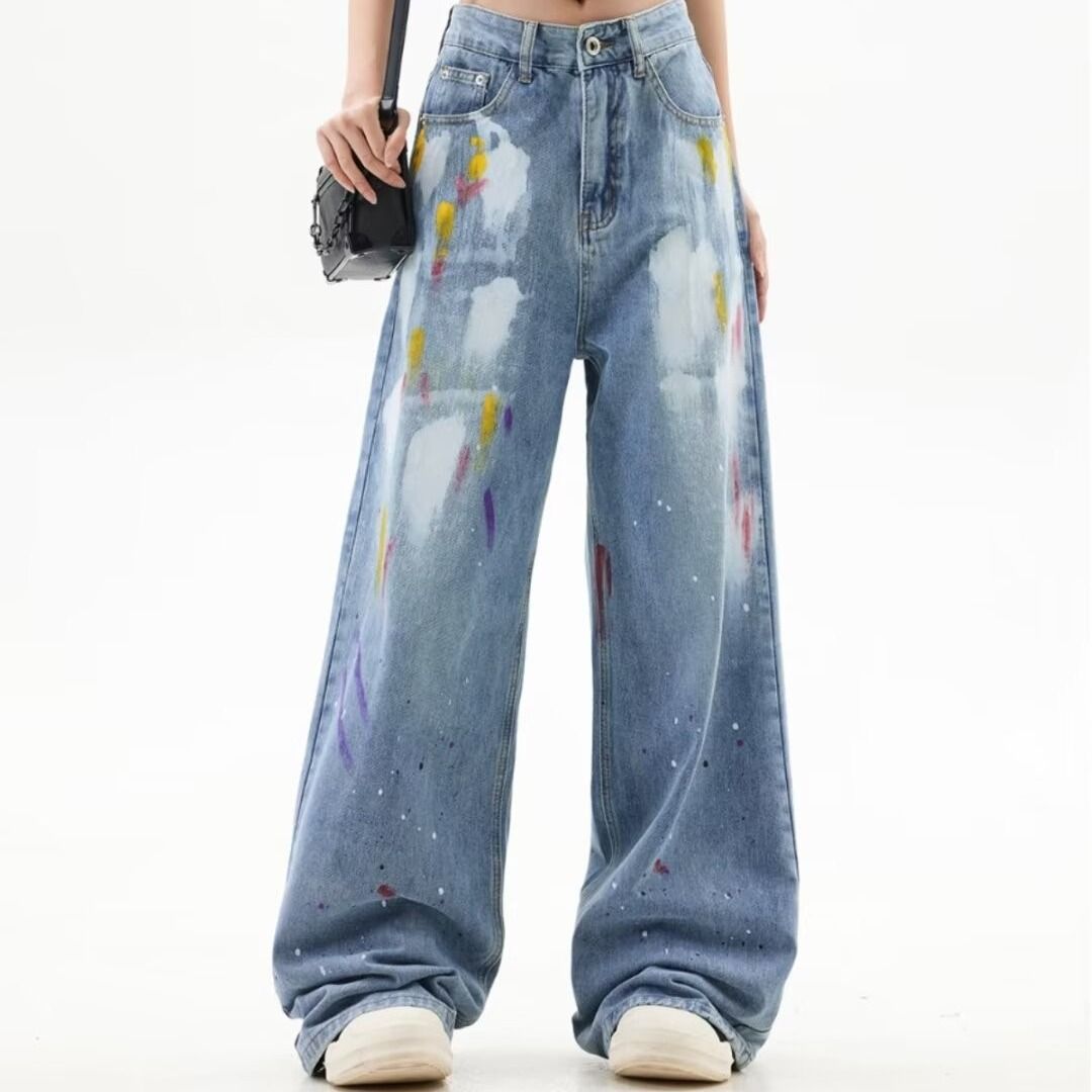 Unisex Washed Straight-Leg Denim Pants With Graffiti Paint Splatter Design, Loose Fit Wide Leg Jeans For Casual Street Style_mkmklike.com