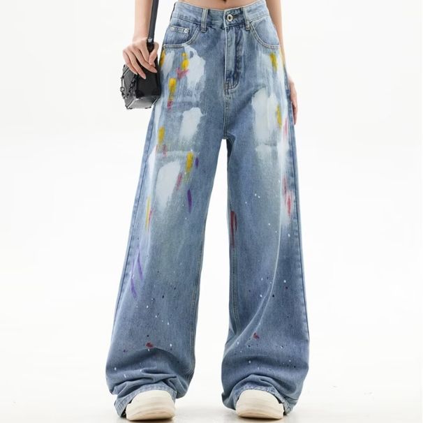 Unisex Washed Straight-Leg Denim Pants With Graffiti Paint Splatter Design, Loose Fit Wide Leg Jeans For Casual Street Style_mkmklike.com