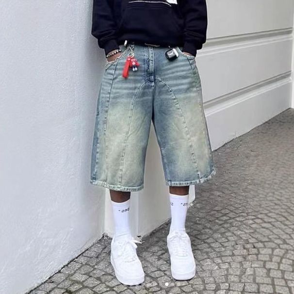 Men's Clothing Retro Washed High Street Denim Shorts Straight Wide Leg Distressed Loose Casual Versatile Cropped Pants_mkmklike.com