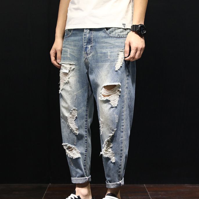 Men's Clothing Spring Retro Patchwork Hole Jeans Nine Point Harem Pants Loose Fashion Trend Beggar Pants_mkmklike.com