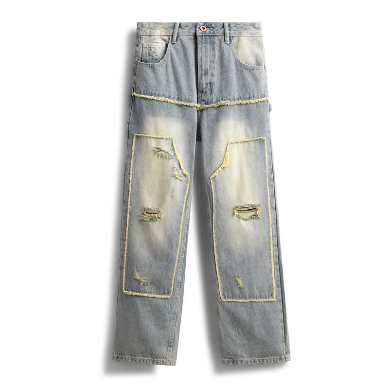 Men's Clothing High Street Washed Loose Straight Raw Edge Stitching Pants_mkmklike.com