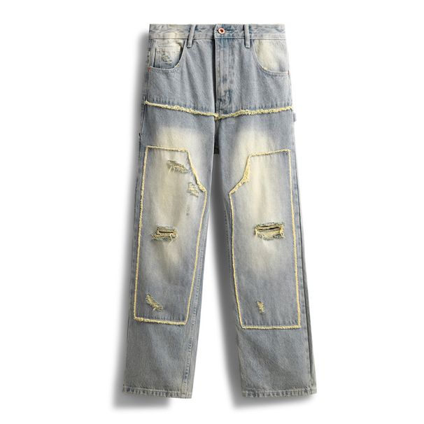 Men's Clothing High Street Washed Loose Straight Raw Edge Stitching Pants_mkmklike.com