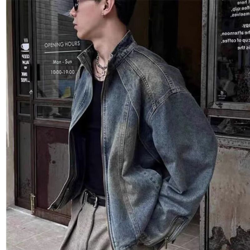 Retro Loose Vintage Stand Up Collar Denim Jacket Men's Casual Zipper Jacket_mkmklike.com