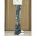 Ethnic Style American Splicing Patch Jeans Men's Retro Pants Straight Down Slightly Pulled Pants Tide_mkmklike.com