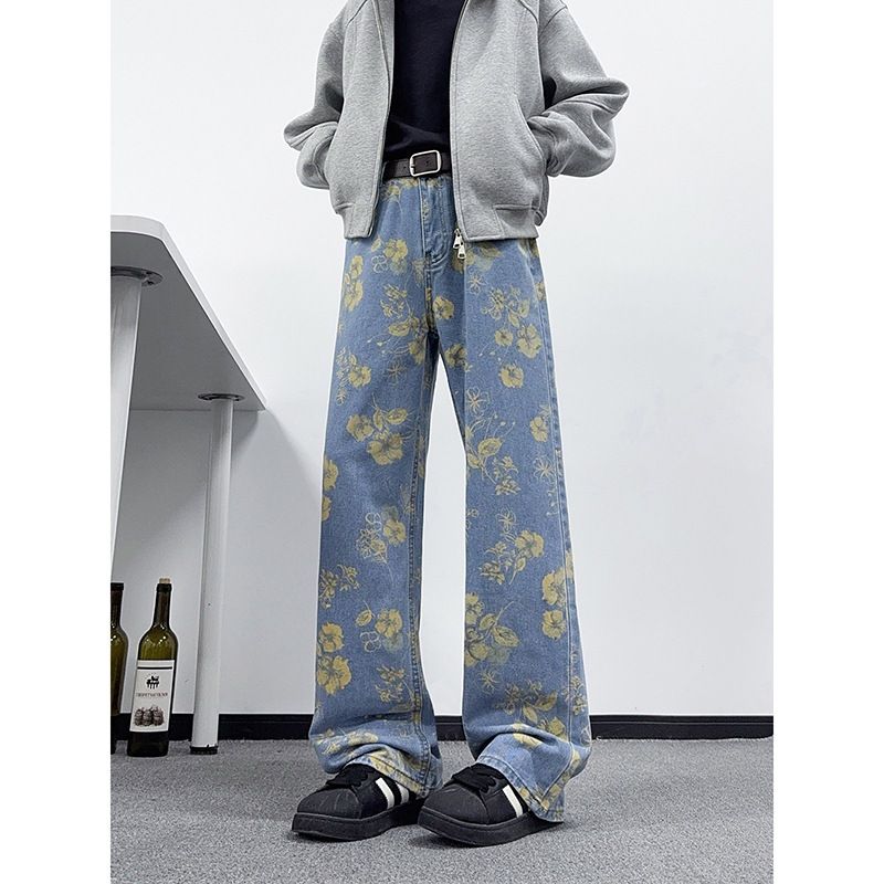 Men's Clothing Men's High Street Style Floral Print Jeans Cleanfit Straight Leg Wide Leg Pants Autumn Niche Design_mkmklike.com