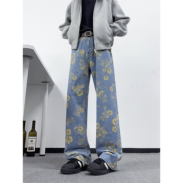 Men's Clothing Men's High Street Style Floral Print Jeans Cleanfit Straight Leg Wide Leg Pants Autumn Niche Design_mkmklike.com