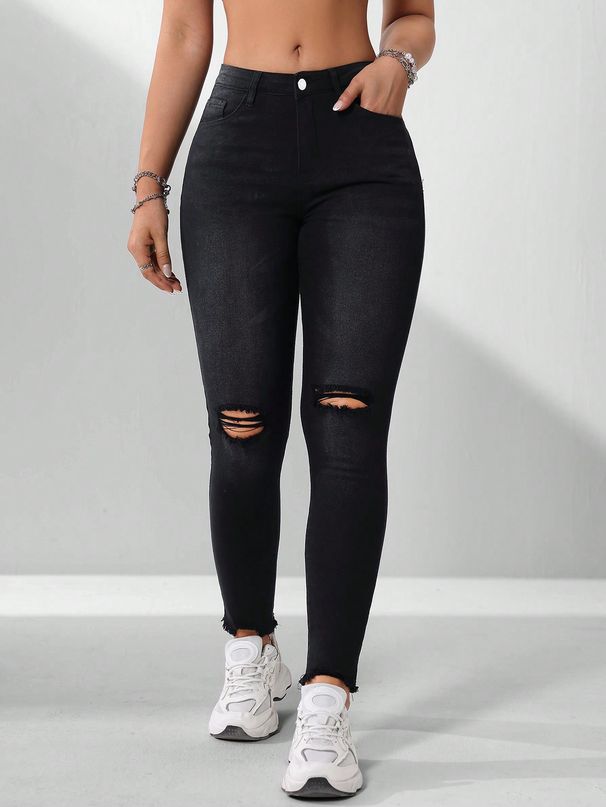 Women's Stretchy Slim Fit Straight Leg Jeans Washed Distressed Frayed Hem Versatile Casual Denim Jeans_mkmklike.com