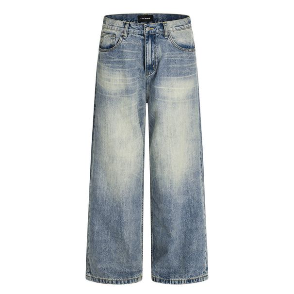 American Style Washed Vintage Denim Straight-Leg Pants Men's Trendy Frayed Loose Casual Trousers_mkmklike.com
