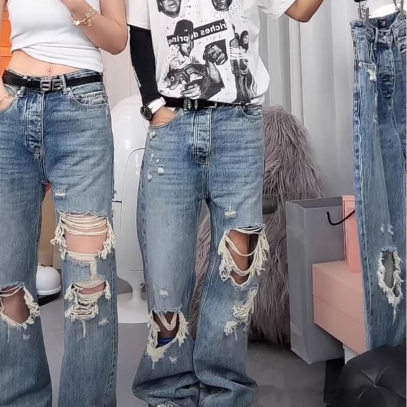 Men's Clothing Washed Old Design Dirty Ripped Jeans Loose Wide Leg Heavy High Street Handsome Pants_mkmklike.com