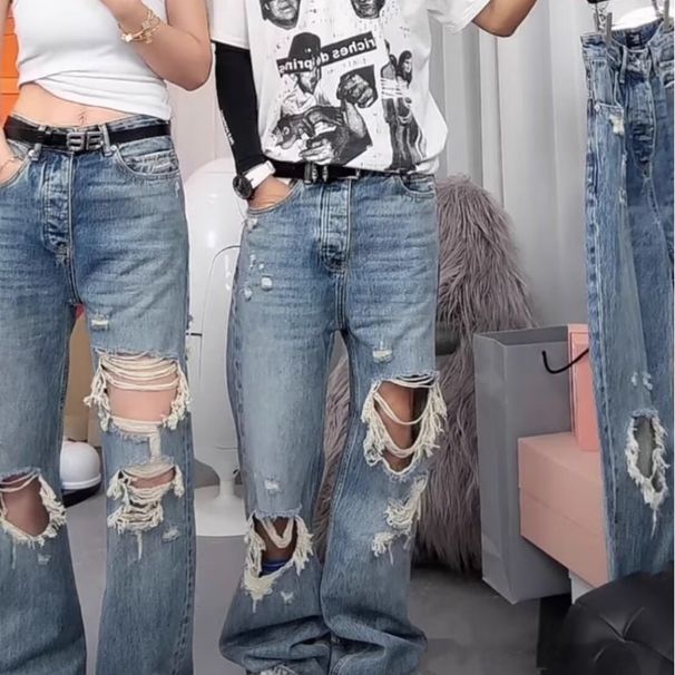 Men's Clothing Washed Old Design Dirty Ripped Jeans Loose Wide Leg Heavy High Street Handsome Pants_mkmklike.com