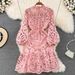 Women's Retro palace style stand-up collar puff sleeve waist slimming A-line ruffled crochet hollow water-soluble lace dress_mkmklike.com