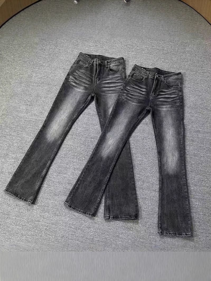 Men's Clothing Cleanfit High Grade Distressed Black And Gray Textured Jeans For Boys Washed Retro Flared Floor Length Trousers_mkmklike.com