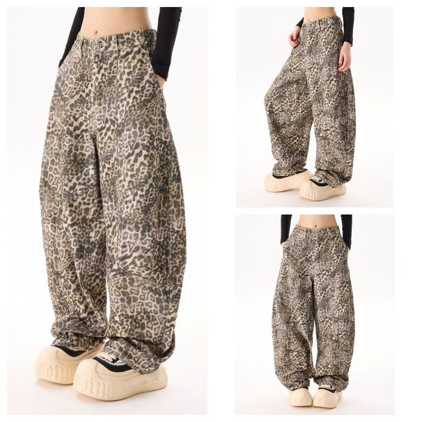 Men's Clothing Deconstructed Leopard Print Jeans – Asymmetrical Wide-Leg Denim Pants (Unisex Vintage Streetwear, Non-Stretch, Raw Hem, Anti-Fit )_mkmklike.com