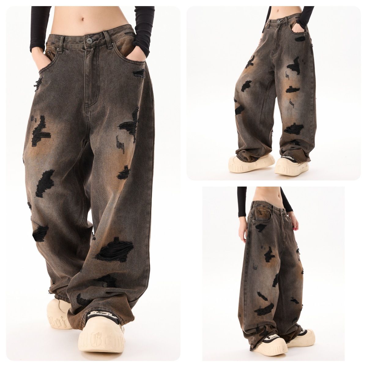 Men's Clothing Streetwear Distressed Jeans – Raw Hem Washed Denim Pants (Unisex Relaxed Fit, Zip Fly, Hand-Painted Details, Stonewashed, No Stretch)_mkmklike.com