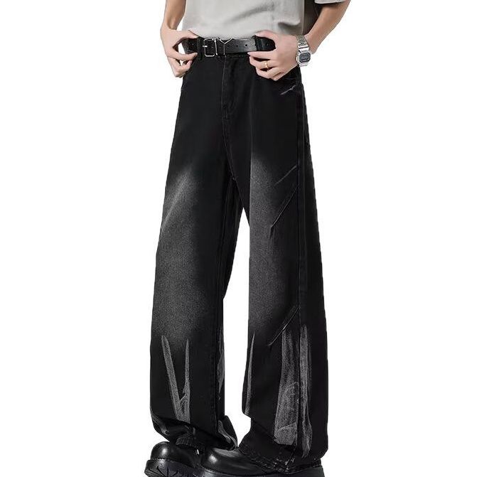 High Street Tie Dyed Jeans Men And Women Summer New Style Drape Design Pleated Loose Straight Casual Wide Leg Trousers Men_mkmklike.com