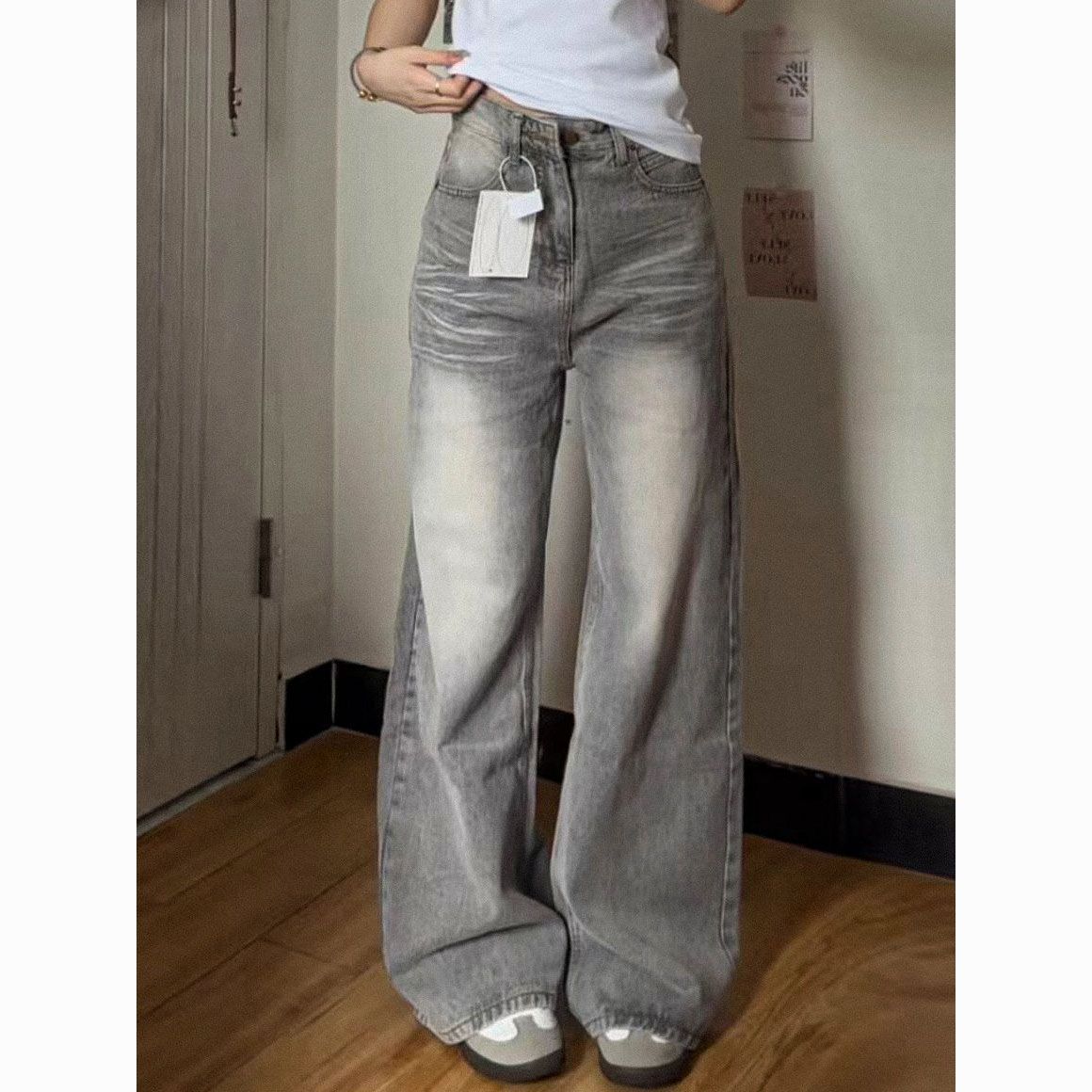 American-style Retro Distressed Light Gray High-waisted Wide-leg Jeans, With A Casual And Trendy Vibe_mkmklike.com