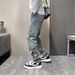 Men's Casual Washed Blue Jeans With Elastic Waist & Straight Leg - Comfortable Retro Style Loose Fit Trousers For Everyday Wear_mkmklike.com