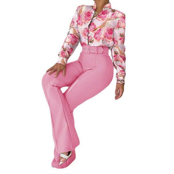 Women's Clothing casual suit printed stand-up collar long sleeve shirt top wide-leg pants two-piece set_mkmklike.com