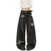 Unisex Washed Stripe Jeans - Relaxed Fit Straight Leg High Waist Wide Pants, Vintage American Style With Adjustable Drawstring_mkmklike.com