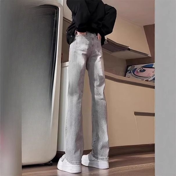 Men's Spring And Autumn Jeans Men's American Retro High Street Slim Fit Straight Versatile Smoke Gray Micro-horn Pants Men_mkmklike.com