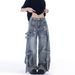 Men's Distressed Wide Leg Cargo Jeans - Heavyweight Denim With Multi-Pocket Design For Urban Streetwear Style_mkmklike.com