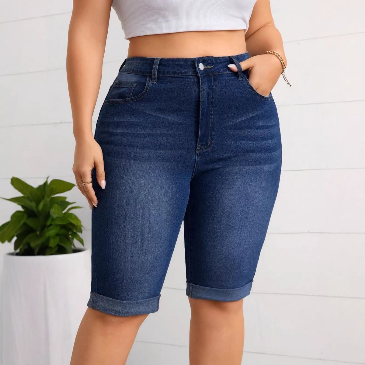 Plus Size Washed Blue Stretch Denim Shorts, Mid Waist Slimming Rolled Up Shorts, Cross Border Wholesale_mkmklike.com