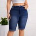 Plus Size Washed Blue Stretch Denim Shorts, Mid Waist Slimming Rolled Up Shorts, Cross Border Wholesale_mkmklike.com
