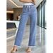 Comfortable Women's Light Blue Straight Leg Jeans Multiple Buttons Frayed Edges Cross Border Exclusive Factory Direct_mkmklike.com