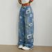 Women's Clothing Street Fashion Loose Straight Wide Leg Pants Printed Denim Trousers_mkmklike.com