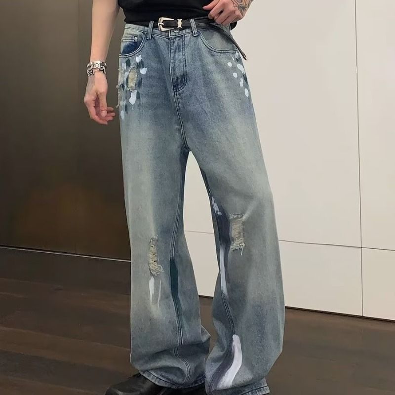 Men's Distressed Washed Jeans – Oversized Straight Leg Trousers, Streetwear & Vintage Aesthetic_mkmklike.com