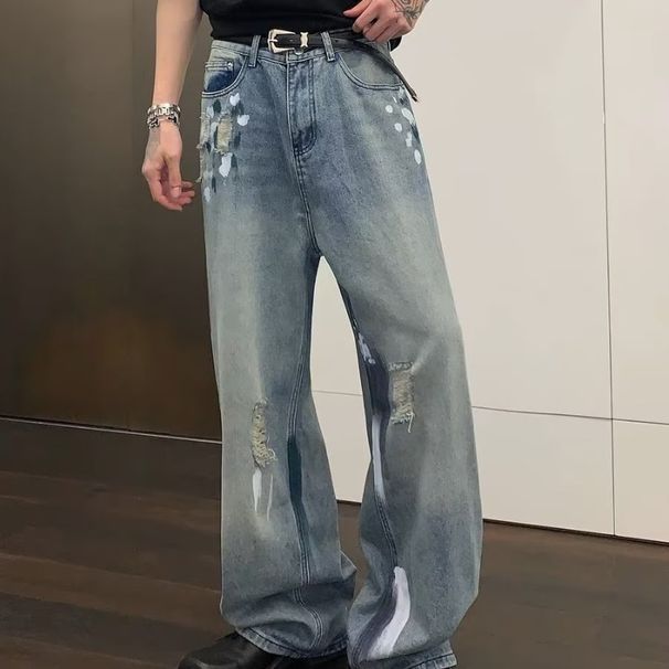 Men's Distressed Washed Jeans – Oversized Straight Leg Trousers, Streetwear & Vintage Aesthetic_mkmklike.com