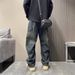 Streetwear Patchwork Cargo Jeans – Vintage Washed Utility Pants With Adjustable Drawstring & Asymmetrical Paneling (Unisex Oversized Fit)_mkmklike.com