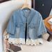 Chicco Lace Patchwork Short Sleeve Denim For Women Summer Thin New Casual Petite Shirt Jacket Top_mkmklike.com
