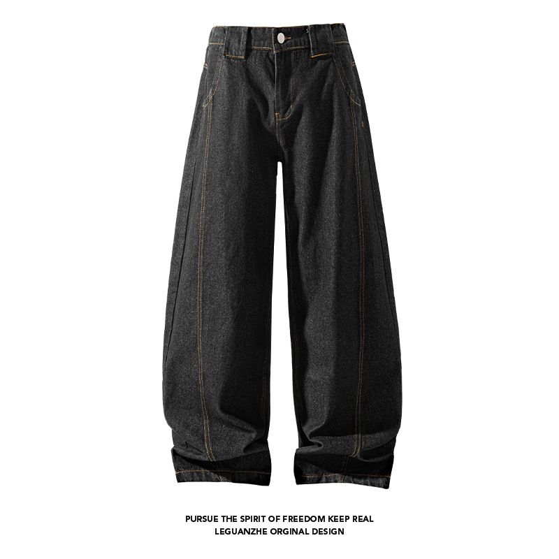 Men's Vintage Wide-Leg Jeans – Retro Blue & Black, Relaxed Fit, High Waist With Button Fly, Streetwear Essential_mkmklike.com