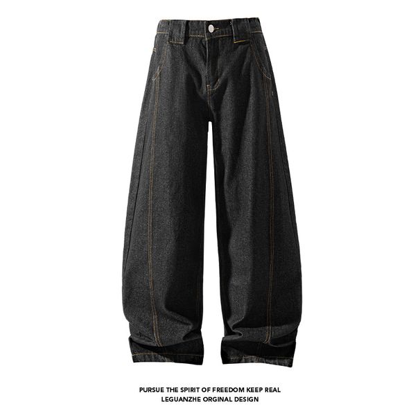 Men's Vintage Wide-Leg Jeans – Retro Blue & Black, Relaxed Fit, High Waist With Button Fly, Streetwear Essential_mkmklike.com