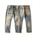 Men's Vintage Heavyweight Distressed Jeans – Red Ear Tag Detail, Ripped & Worn Look, Classic Blue Denim For Early Autumn_mkmklike.com