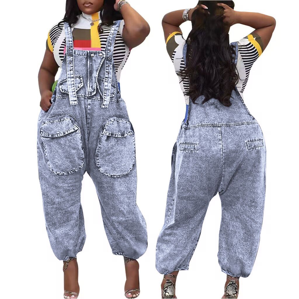 Cross Border Specializes In European And American Fashionable Wide Legged Denim Loose Overalls_mkmklike.com