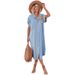 Women's Clothing Solid Color Denim Short Sleeve Dress Mid-Length Slit Shirt Dress_mkmklike.com
