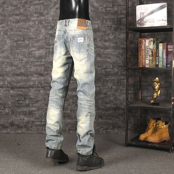 Men's Distressed Denim Jeans - Vintage Washed Slim Straight Fit Casual Pants For Fall & Winter_mkmklike.com