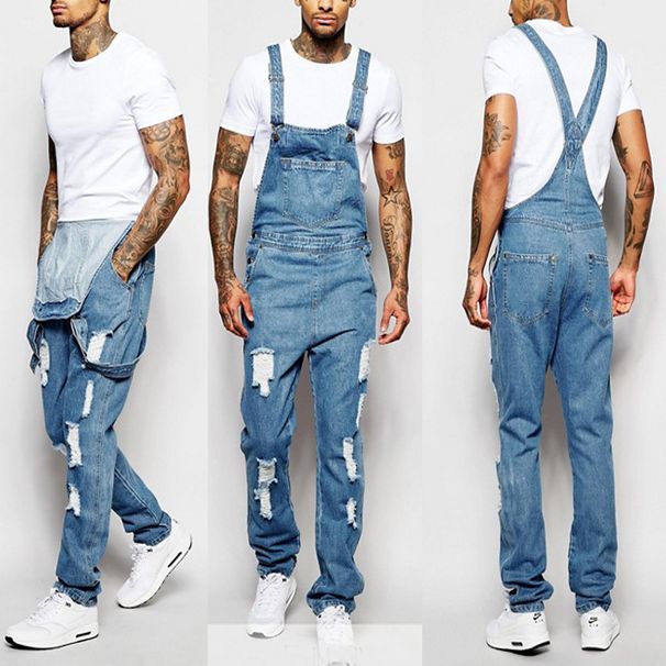 Men's Clothing Fashion Men's Strappy Denim Rompers Ripped Jeans Trousers_mkmklike.com
