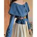 Chicco Outfit Set One Shoulder Large Lapel Long Sleeve Denim Waist-Cinching Top Mid-Length Stylish Hong Kong Style Skirt_mkmklike.com