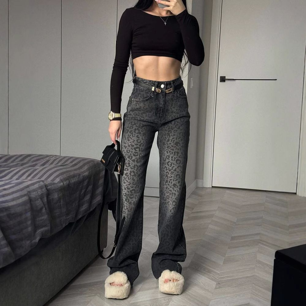 Women's Clothing Spring And Summer New Leopard Print High Waist Jeans Women's Long Casual Flared Trousers Women's Clothing_mkmklike.com