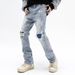 Nordmann High Street Ripped Patch Jeans Men Vintage Versatile Fit Long Trendy American Style Straight Slim Casual Pants_mkmklike.com