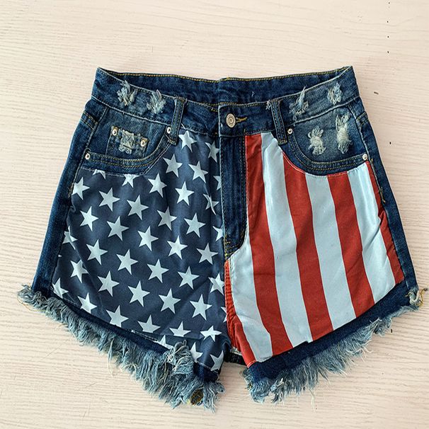 Women's Clothing Distressed Denim Shorts – Patriotic Star & Fringe Design (S-XXL)_mkmklike.com