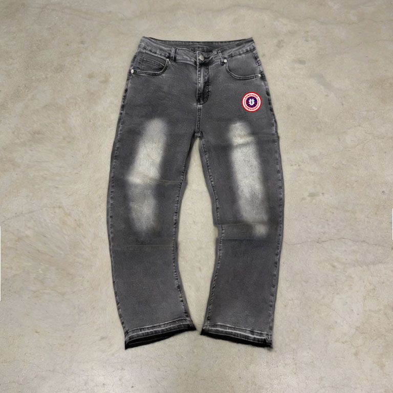 Men's US Map Fringe Hem Jeans - Straight Cut Denim Pants With Embroidered Coordinates & Distressed Details_mkmklike.com