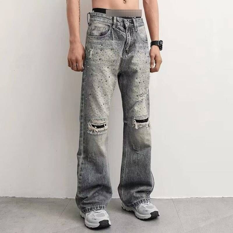 Men's Style Distressed Jeans Spring Summer Rhinestones Sparkles High Street Trend Loose Fit Straight Leg Slightly Flared_mkmklike.com