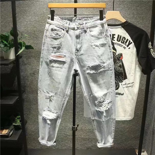 New Style Japanese Loose Brushed Ripped Beggar's Pants Men's Trendy Light Wash Nine-point Jeans For Men_mkmklike.com