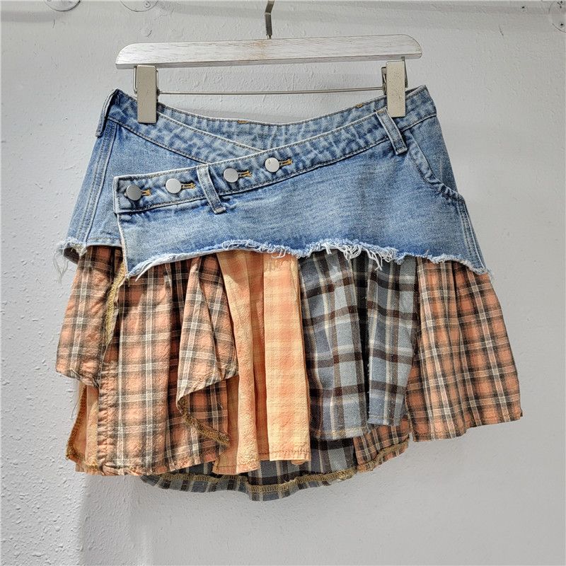 Women's Clothing Low Waist Patchwork Denim Skirt For Women Stylish And Age Reducing Personality Patchwork Design Irregular Skirt Trend_mkmklike.com