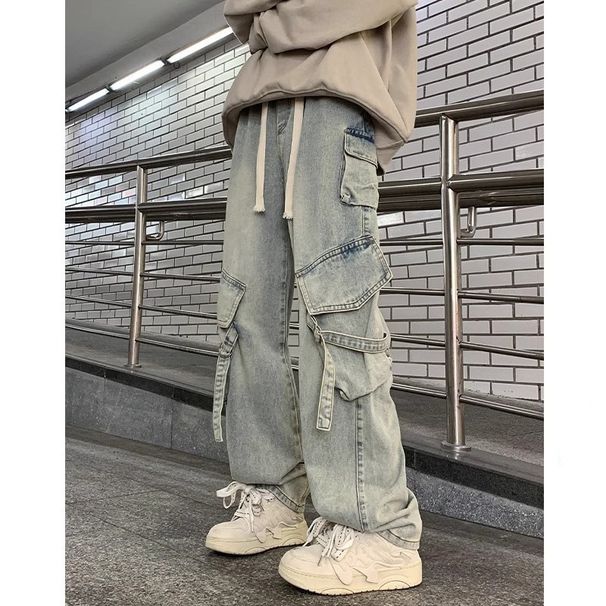 Men's Streetwear Cargo Jeans – Oversized Workwear Pants With Multi-Pockets, Loose Fit Wide Leg Denim, Vintage Washed For Casual & Urban Style_mkmklike.com